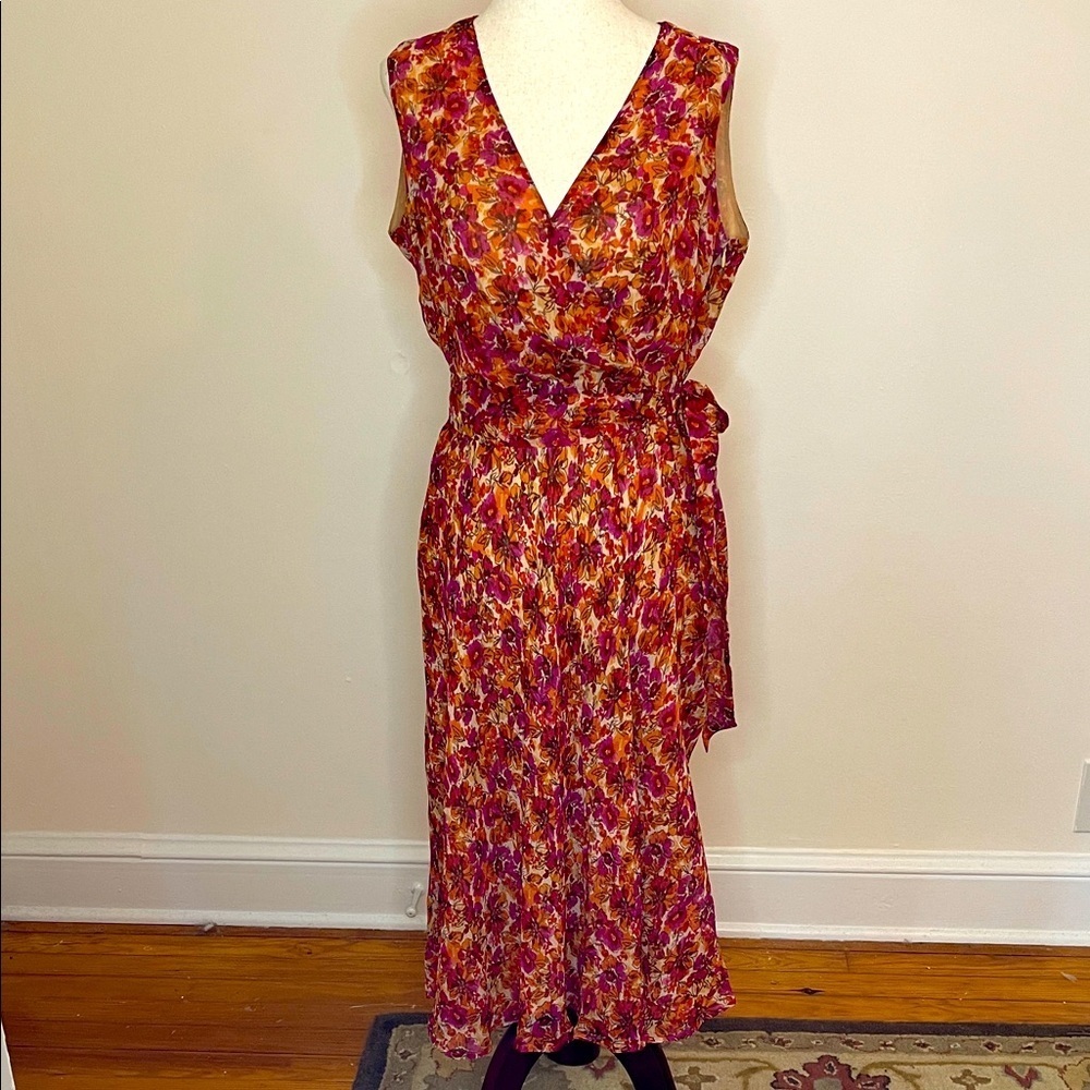 Sundance 100% Silk Floral Midi Dress Size 10 Faux Wrap Sleeveless Boho Lined
